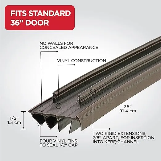 M-D Building Products 67967 Vinyl Concealed Kerf/Channel Fit Under Door Seal, Easy-to-Install Draft Stopper, Energy-Saving Door Insulation, Noise Reduction, Ideal for Home (36 Inch, Brown)