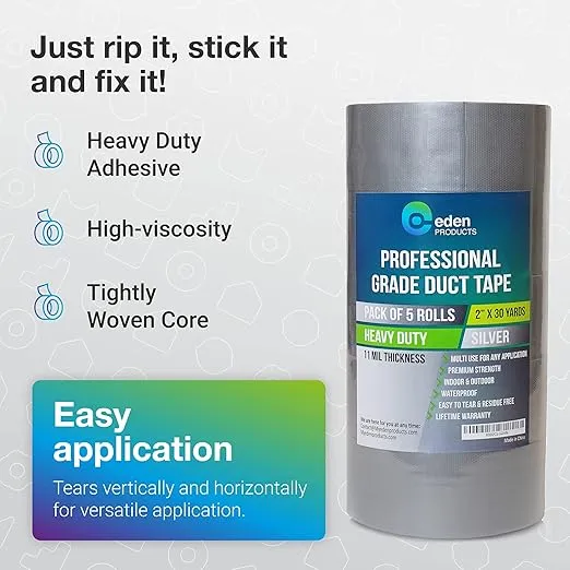5-Pack Duct Tape Heavy Duty Waterproof Bulk - Strong Industrial Gray Masking Tape for Repairs - Silver 90ft x 2in - Indoor & Outdoor Use, No Residue, Tear by Hand, All Weather by EdenProducts