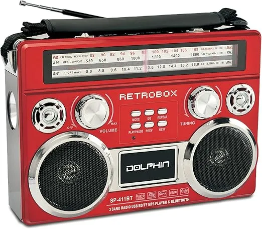 Dolphin SP-411BT RETROBOX Portable Bluetooth Radio with AC/DC Power, Rechargeable Battery, USB/SD/FM/AM/SW/AUX, and High Sensitivity Antenna Red or Black with Leather Handle and Shoulder Strap