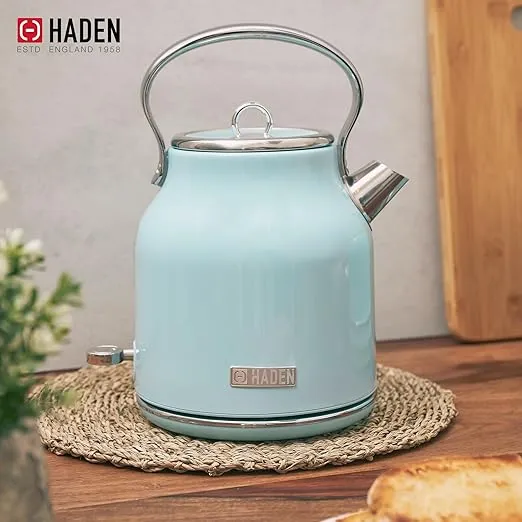 Haden Heritage 1.7 Liter Stainless Steel Electric Kettle, Hot Water Kettle with 360-Degree Base and Auto Shutoff, Turquoise & Chrome