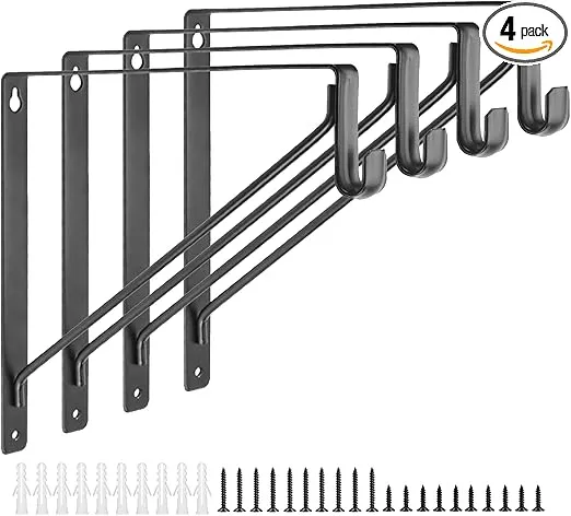 4 Pack Closet Shelf & Rod Brackets, Heavy Duty Oval Closet Rod Shelf Bracket with Rod Support, 11.8”x10” Black Closet Support Bracket for Revive Your Sagging Closet Rod