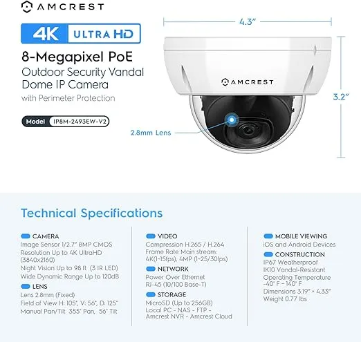Amcrest UltraHD 4K (8MP) Outdoor Security POE IP Camera, 3840x2160, 98ft NightVision, 2.8mm Lens, IP67 Weatherproof, IK10 Vandal Resistant Dome, MicroSD Recording, White (IP8M-2493EW)