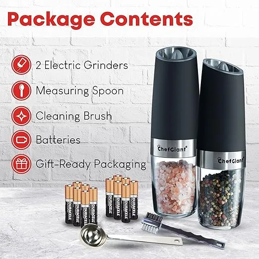 Automatic Spice Grinder Set | Refillable Electric Salt and Pepper Mills with Gravity-Activated Operation, LED Light & Adjustable Coarseness | Bonus Batteries, Spoon & Brush | Black