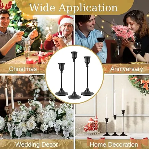 Black Candlestick Holders Taper Candle Holders, Set of 3 Vintage Candle Sticks Holder Decor Used as Fireplace Mantel or Table Centerpieces for Wedding, Dinning, Party