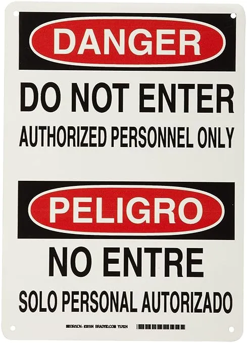 Brady 38104 10" Width x 14" Height B-555 Aluminum, Black and Red on White Bilingual Sign, English and Spanish, Header "Danger/Peligro", Legend "Do Not Enter Authorized Personnel Only/No Entre Solo Personal Autorizado"