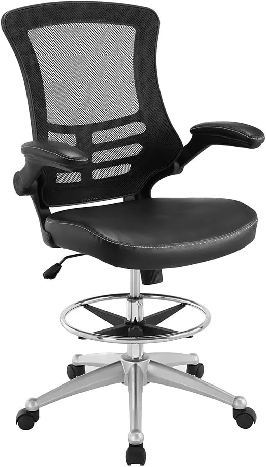 Modway Attainment Vinyl Drafting Chair - Drafting Stool With Flip-Up Arm in Black