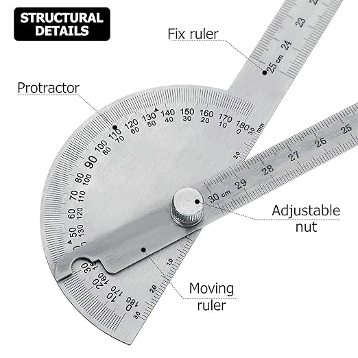 Outus Angle Protractor Angle Finder Ruler Two Arm Stainless Steel Protractor Woodworking Ruler Angle Measure Tool with 0-180 Degrees (30 cm/ 11.8 Inch)