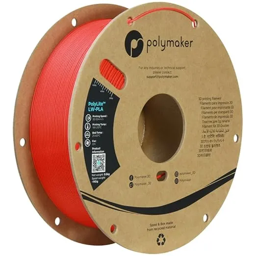 Polymaker LW PLA Filament 1.75mm Bright Red, Pre-Foamed PLA 800g Lightweight 3D Filament - PolyLite LW-PLA for Printing RC Plane, 190-210 °C Printing Temp. | High Rigidity | Easy to Paint