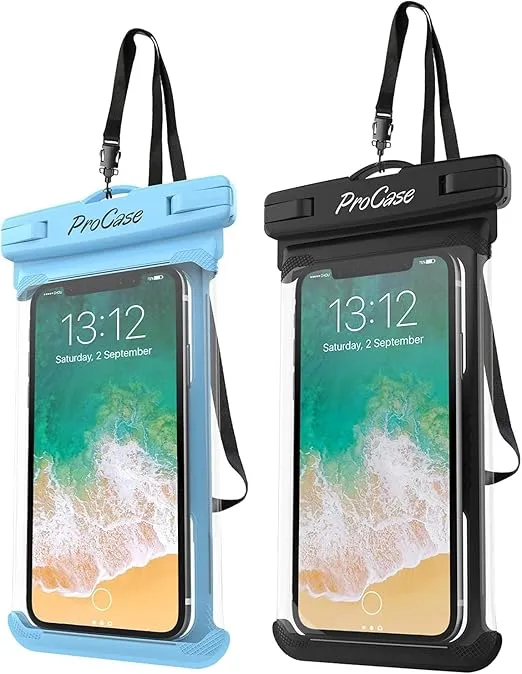 ProCase 2 Pack Waterproof Phone Pouch, Underwater Phone Case Up to 7", Dry Bag for iPhone 16 15 14 13 Pro Plus Max, Galaxy S24 S23 S22 Ultra Pixel, Beach Essentials -Blue & Black