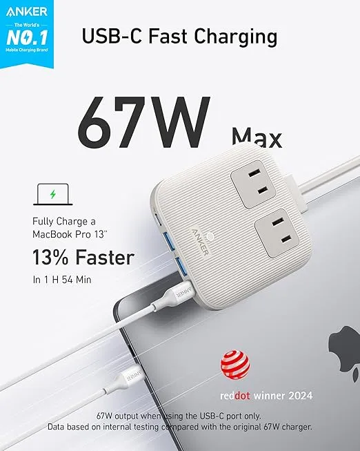 Anker Nano Charging Station(67W Max), 6-in-1 USB C Power Strip for iPhone 14/13&MacBook, with Flat Plug and 5ft Thin Undetachable Extension Cord, 2 AC, 2 USB A, 2 USB C, for Home & Office(Shell White)