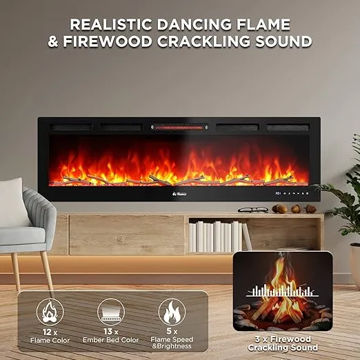 TURBRO 60” Smart WiFi Infrared Electric Fireplace with Sound Crackling and Realistic Flame, 1500W Quartz Heater, Recessed or Wall Mounted, Adjustable Flame Effects, Remote Control and App, in Flames