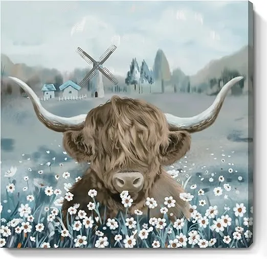 Highland Cow Bathroom Wall Art Rustic Farmhouse Picture Cute Cattle in the White Daisy Flower Bush Animal Canvas Print Painting Framed Artwork for Kitchen Bedroom Living Room Office Decor 14x14inch