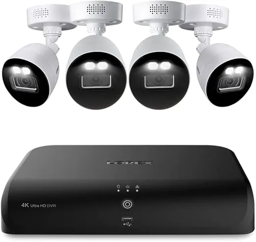 Lorex Fusion 4K 8MP 12 Camera Capable (8 Wired + 4 Wi-Fi) 2TB Wired DVR System with 4 Indoor/Outdoor Bullet Cameras - Active Deterrence, Color Night Vision, 108° Wide Angle Lens, IP67 Weatherproof
