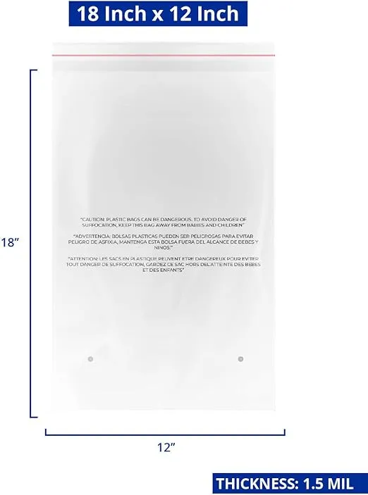 100 (12"x18") Clear Peel and Seal 1.5 Mil Poly Bags with Suffocation Warning Print