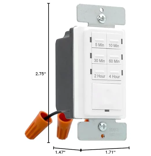 ENERLITES 4-Hour No Neutral Wire Countdown Timer Switch, 5-10-30-60 Min, 2-4 Hour, For Bathroom Fans, Heaters, Lights, LED Indicator, 120VAC 800W, UL Listed, HET06-J-W, White