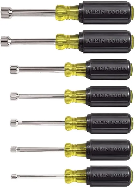 Klein Tools 631 Tool Set, Made in USA, Nut Driver Set w/Hex Nut Sizes 3/16, 1/4, 5/16, 11/32, 3/8, 7/16 and 1/2-Inch on 3-Inch Full Hollow Shaft, 7-Piece