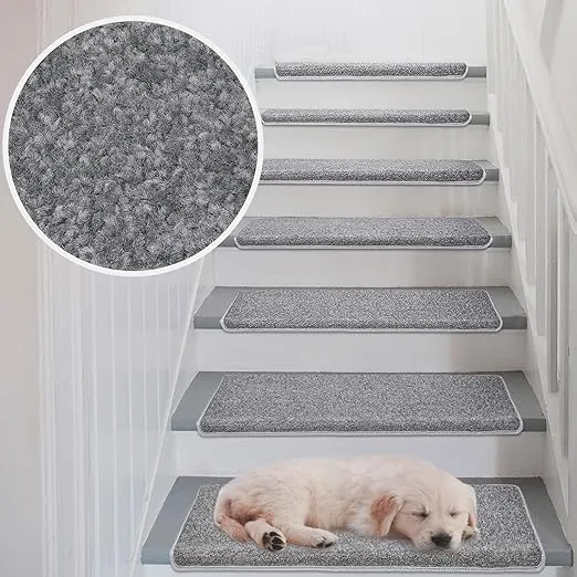 PURE ERA Bullnose Carpet Stair Treads Set Tape Free Non-Slip Indoor Stair Protectors Pet Friendly Rugs Covers Soft Skid Resistant Washable Reusable 9.5" x 30"(14 Pieces,Gray)