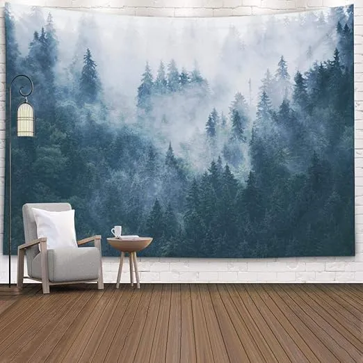 EMMTEEY Forest Wall Hanging Tapestry Misty Foggy Mountain Tapestry Landscape with Fir Nature Tapestry 80X60 Inches Mens Tapestry for Bedroom Living Room