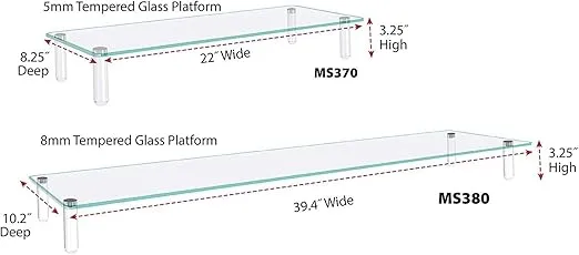 Kantek Extra-Wide Glass Monitor Riser with 8mm Tempered Glass Platform and 60-Pound Capacity, Clear Glass (MS380), 3.3" x 39.4" x 10.2"