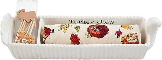 Mud Pie Turkey Cracker Set, dish 2 3/4" x 12", White