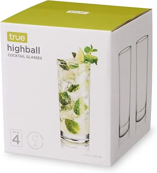 True Highball Cocktail Large Drinking Glasses With Heavy Base, Tall Glass Tumbler, Water Glasses, Glasses for Kitchen, Drink cup Set Of 4, 11 Ounces