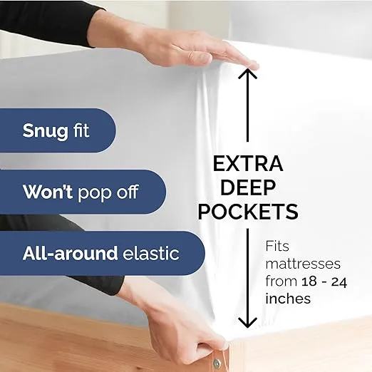 Extra Deep King Fitted Sheet - Hotel Luxury Single Fitted Sheet Only - King Sheet Easily Fits 18 inch to 24 inch Mattress - Soft, Wrinkle Free, Breathable & Comfy Extra Deep Pockets White Fitted Sheet