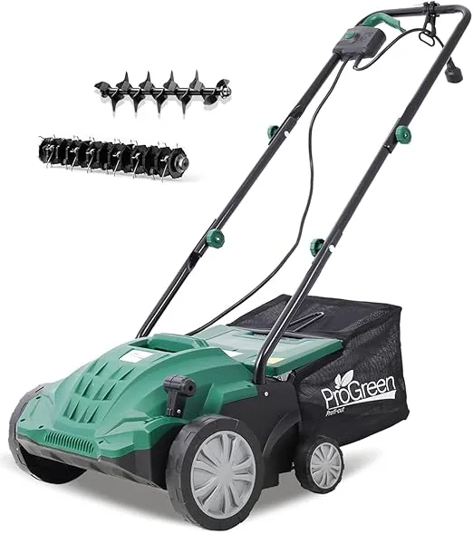 13 Inch Electric Dethatcher and Scarifier, 12 Amp Electric Dethatcher & Scarifier with 4-Position Adjustment, 2 in 1 Folding Lawn Dethatcher with Collection Bag Keep Lawn Health, Green