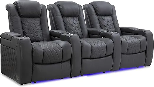 Valencia Tuscany Home Theater Seating | Premium Top Grain Italian Nappa 11000 Leather, Power Reclining, Power Lumbar Support, Power Headrest (Row of 3, Charcoal Grey)