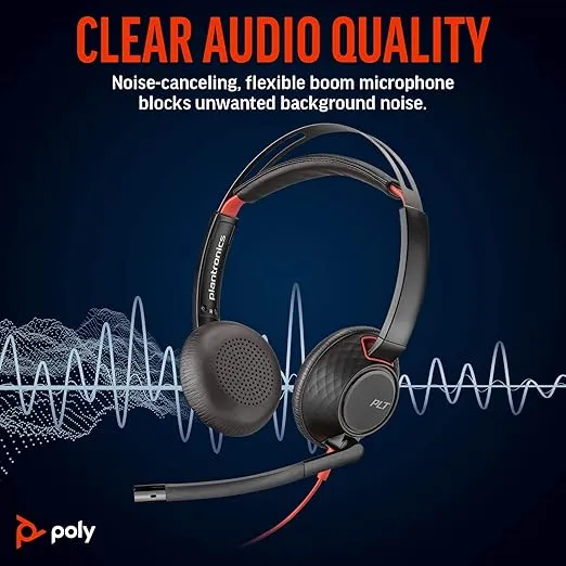 Poly Blackwire 5220 Wired Headset (Plantronics) - Flexible Noise-Canceling Boom Mic - Ergonomic Design - Connect to PC/Mac, Mobile via USB-C, USB-A, or 3.5 mm - Works w/Teams, Zoom - Amazon Exclusive