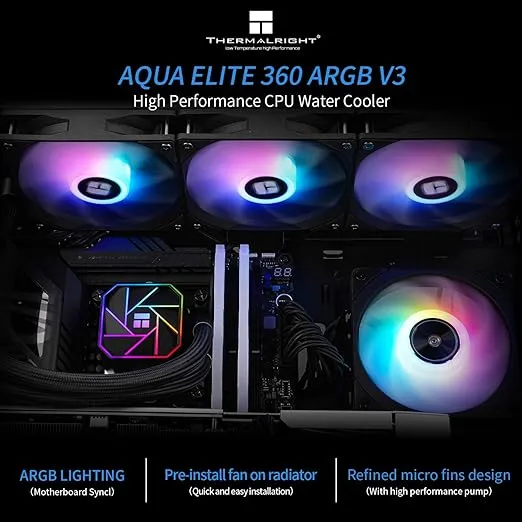 THERMALRIGHT Aqua Elite 360 V3 Aio Water Cooler, 360 Liquid Cooling Radiator, ARGB PWM Cooling Fan for Intel LGA1150/1151/1155/1156/1200/2011/1700, AMD: AM4/AM5, PC Cooler Ai