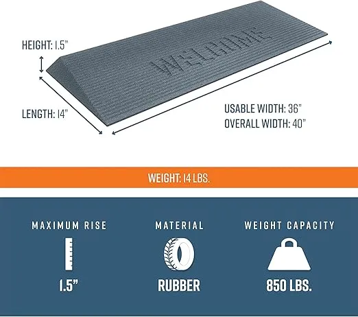 EZ-ACCESS TRANSITIONS 1.5 Inch Low Pile Transitional Non Slip Rectangular Rubber Angled Welcome Entry Mat Ideal for Indoor and Outdoor Use, Gray