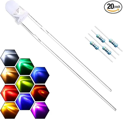 200pcs 10 Colors x 20pcs 3mm LED Light Emitting Diode Assorted Kit 29mm Lead Clear Round Lamp White Red Blue Green Yellow UV Bright LEDs Bulb +300pcs Resistors for DC 6-12V Lights