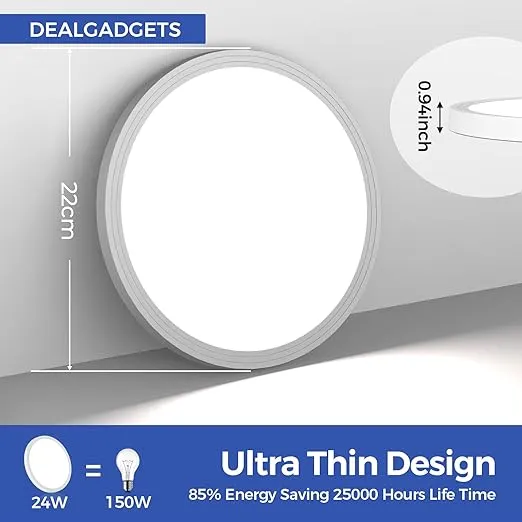 Flush Mount Ceiling Light Fixtures,24W Flat led Light for Ceiling,6000K 2200LM Ultra Thin Round White Lamp for Bedroom Kitchen,Bathroom,Garage,Living Room, Dining Room