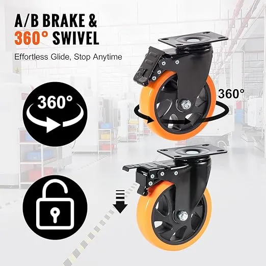 VEVOR Caster Wheels, 5-inch Swivel Plate Casters, Set of 4, with Security A/B Locking No Noise PVC Wheels, Heavy Duty 1800 lbs Load Capacity, Non-Marking Wheels for Cart Furniture Workbench