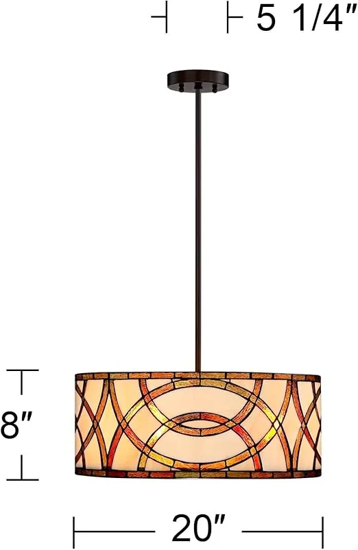 Robert Louis Tiffany Pendant Light Fixture - 3 Light, Stained Glass Drum, Tiffany Pendant Light for Kitchen Islands, Living Rooms, Bedrooms, Dining Rooms, and Foyers - 20" Wide, 8" High