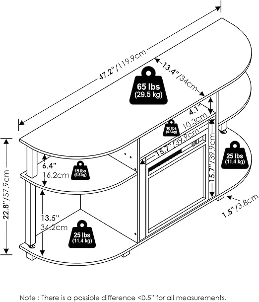 Furinno Jensen Open Storage Curved Entertainment Center Stand with Fireplace for TV up to 55 Inch, Americano