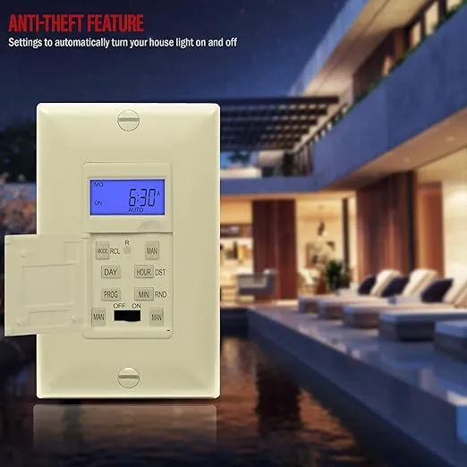 Enerlites 7 Days Digital in-Wall Programmable Timer Switch for Lights, Fans, and Motors, Single Pole, Neutral Wire Required, 7-Day 18 ON/Off Timer Settings, with Blue Backlight, HET01, Ivory
