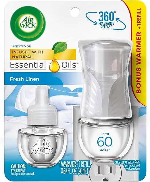 Air Wick Plug in Scented Oil Starter Kit (Warmer + 1 Refill), Fresh Linen, Air Freshener, Essential Oils