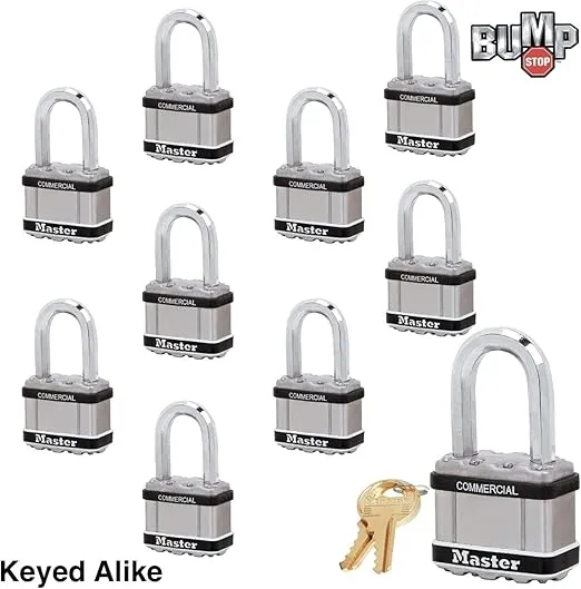 Master Lock Magnum Padlock - 2" W x 1-1/2"L Shackle, Ten (10) Keyed Alike Locks M5NKALFSTS-10 w/BumpStop Technology