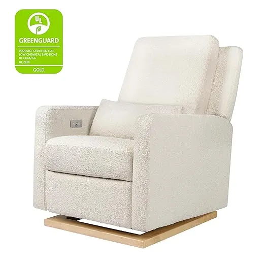 Babyletto Sigi Electronic Power Recliner and Glider with USB Port in Ivory Boucle with Light Wood Base, Greenguard Gold and CertiPUR-US Certified