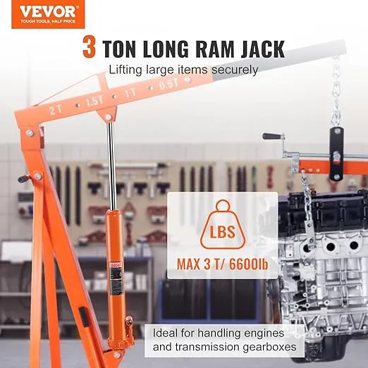 VEVOR 3 Ton Hydraulic Long Ram Jack, Engine Hoist Cylinder with Single Piston Pump & Clevis Base, Suitable for Engine Lift Hoists, Garage/Shop Cranes, and Farm Mechanical Tasks