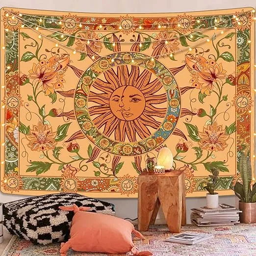 Kanuyee Yellow Sun and Moon Tapestry Vintage Indie Boho Tapestry Wall Hanging with Sunflowers Butterfly Moth Constellation Aesthetic Wall Tapestries for Room Decor (70''high × 90''wide)