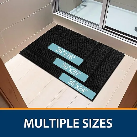 Smiry Luxury Chenille Bath Rug 24''x16'', Extra Soft and Absorbent Shaggy Bathroom Mat Rugs, Machine Washable, Non-Slip Plush Carpet Runner for Tub, Shower, and Bath Room, Black