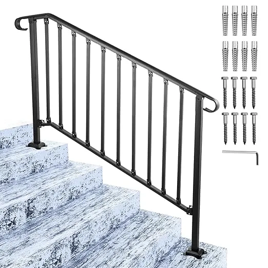 SPACEEUP Step Handrail Fit for 4 or 5 Steps Wrought Iron Handrail for Outdoor Steps Matte Black Stair Railings with Installation Kit