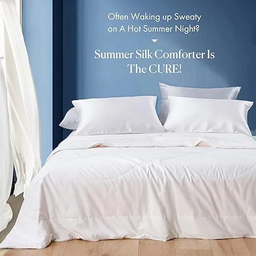 Mommesilk 100% Silk Comforter Queen Summer Lightweight Pure Mulberry Silk Duvet Insert Cotton Cover Real Silk Filled Quilt White 87"x90", Net Silk Weight 0.75kg