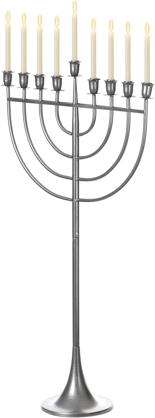 Modern Solid Metal Judaica Hanukkah Menorah 9 Branched Candelabra, Aluminum Finish Large