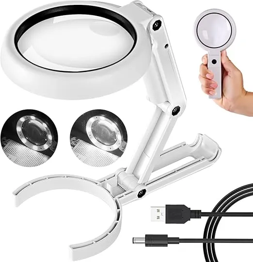30X 10X Magnifying Glass with Light and Stand, Foldable Handheld Magnifying Glass & 2 Level Dimmable for Close Work, Macular Degeneration, Seniors Reading, Powered by Battery or USB