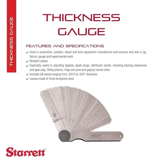 Starrett Tempered Steel English Thickness Gage with Straight Leaves - Ideal for Carpenters and Home Improvement - 26 Number of Leaves, 1/2"-1/4"x3"-1/32" Size of Leaves, 0015-.025 Thickness - 66