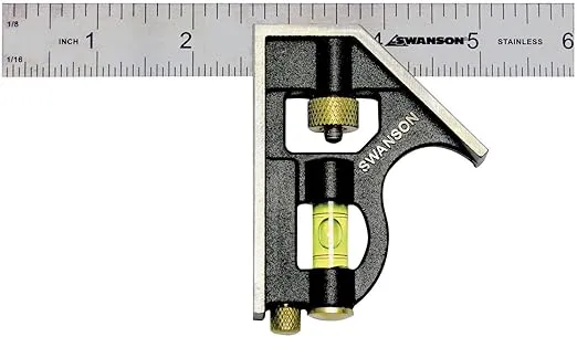 Swanson Tool Co TC130 6 inch Combo Square with Stainless Steel Rule, Cast Zinc Body with Bubble Vial, and Brass Bolt