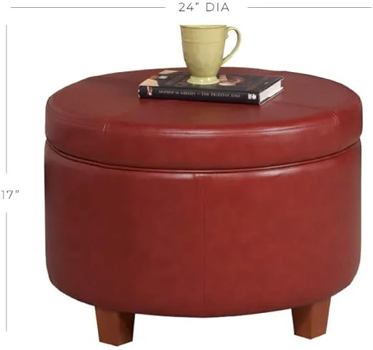 HomePop Round Leatherette Storage Ottoman with Lid, Cinnamon Red Large